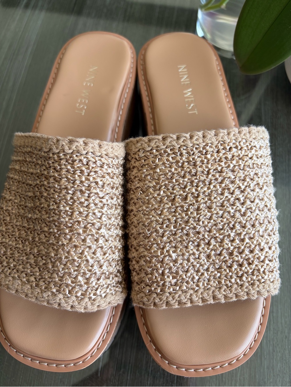 Nine West designer Beige Woven Slide wedge Mules